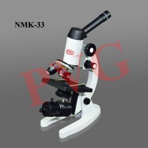 STUDENT MICROSCOPE WITH LIGHT An Economical and Traditional Model with light source for students ► Widefield 10 x pointer eyepiece and triple nose piece with parfocal 4 x, 10 x and 40 x objectives. ► Rack and Pinion coarse adjustment with separate fine adjustment. ► Positive, preset travel stops prevents slide damage. ► Plain stage with locked in stage clips. Stable base with built in illumination by 6 v 20 w halogen lamp through solid state transformer for use on 220 v 50 Hz A.C. Cat. No. NMK-04 Model MSM-18
