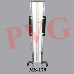 Comprising two glass tubes 225 x 8 mm. length x bore, one closed at the top other open, connected by means of rubber pressure tubing of 1 m. length 10 mm. outside diameter x 5 mm. bore, both mounted on the adjustable sliding metal brackets which can be locked in any position on the support rods fixed on the heavy stable iron base. Polished wooden stand 1.05 m. high, carries a wooden scale graduated 0-100 cm. with millimeter divisions in the centre and figured every 1 cm. up either side. Supplied without mercury. l Also available with wooden base in the shape of trough