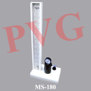 This apparatus is for demonstration the volume of air enclosed in the column. Comprises a vertical glass tube of wide bore mounted on side of scale graduated 0- 60 cm. fitted on wooden base having plastic feet. This glass tube is connected to cylinder metal reservoir by a pressure tubing and stopcock. Reservoir is connected to dual2 2 scale pressure gauze reading 0 - 4.2 kg/cm and 0 - 60 lb/in above and side to a riffled inlet with stopcock for connection to foot pump. As the pressure in the oil reservoir increases, colored oil is forced into the glass tube and volume of the contained air and its actual (total) pressure are noticed. Size of base 235 x 145 mm. Overall height of apparatus 750 mm. Supplied without oil.