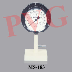 To measure the actual pressure. Comprises a circular gauge of 100 mm. diameter with 40 mm. depth. . The dial reads 0-1.4 Kg/cm and 0-20 2 lb/in and the case has a clear perspex back so that the working parts may be seen. Gauge is fitted on a brass pillar of size 60 x 25 mm. height x outer diameter. A riffled tubule of 8 mm. diameter projects from the side of the pillar for connection to the system under investigation. Mounted on heavy, cast iron base of size 102 x 102 x 25 mm. with four rubber feet. Overall height 225 mm