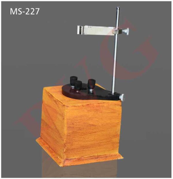 Ideal for students for determination of the specific heat capacity of as liquid by the electrical method. Comprises a copper calorimeter vessel 100×75mm lagged and enclosed within an outer wooden polished box of dimension 9.5x9.5x11.5 cm. A close fitting bakelite lid is provided with a wire stirrer and a pair of 4 mm socket terminals connected to a resistance coil or constantan wire heating coil mounted at the underside so as to be positioned sufficiently inside inner vessel. Coil resistance is approx. 6 ohms and to be used with a current of 0.5 A With a maximum of 1 A. Supplied without thermometer.