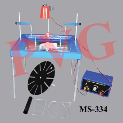Moulded plastic ripple tank, four legs with rubber end caps, legs with leveling feet, tank with drain hole fitted with rubber bung, with plastic or acrylic tray. Metal uprights for horizontal rippler support rod which is adjustable in height. Low voltage D.C. motor mounted on a wooden beam suspended by elastic rubber bands. Motor fitted with an eccentric mass which causes the beam to oscillate. Additional point contact sources are given by two plastic spheres, each on a right angled rod which can be adjusted at any height. Overall size of the tank 580 x 500 x 30 mm. Beam size 280 x30 x 20 mm., drilled to receive rods of point sources and having two hooks. Motor 6 V D.C. with 1 m of wire. Ripples support rod of light alloy with clips to fit upright rods. Metal support rod for lamp 380 mm. long. Accessories : 2 straight obstacles of aluminum length 140 mm. bent at right angles, 1 straight obstacle aluminum length 40 mm. bent at right angle, 1 curved reflector aluminum radius 200 mm., one dropper, 1 foam plastic sponge, 1 wooden roller and a packet of rubber bands. Spares -Rippler motor 6 V D.C., Plastic spheres and 12 V 24 W lamp. • Also Available an economical model in steel for junior students as in the photo, with all accessory