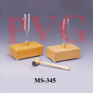 Set of two, on individual resonance boxes, one fork fitted with a sliding mass to demonstrate the beats. Complete with wooden hammer.