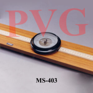 Comprises a short magnetic needle of 20 mm. size with agate bearing and a light aluminum pointer 75 mm. long for precise o reading and maximum damping, aluminum dial graduated in 0-90 in four quadrants, anti-parallax mirror slot, in a stout metal case of 100 mm. diameter. Compass box mounted on wooden base size 100 x 13.5 cm., fitted with half meter rule on both sides and with four plastic feet