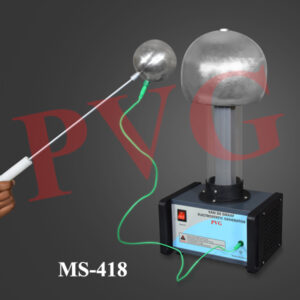 A Van de Graaff generator is an Electrostatic generator which uses a moving belt to accumulate Electric charge on a hollow metal globe on the top of an insulated column, creating very high electric potentials. It produces very high voltage Direct current and  electricity at low current levels. Produces visible electric sparks. A Van de Graaff generator is an electrostatic generator capable of producing high voltages. It creates an imbalance of charges from the interaction between its roller, belt, and metal comb assembly. It initially allows charges to move along the insulated belt, then stores and distributes them uniformly on the sphere's surface. The metal sphere then discharges by creating sparks or crackling noises. Excellent Instrument for teaching Electrostatic to student Motorised model all working parts are clearly visible, The moving Rubber belt carries a positive charge to the top comb (usually a stretched wire) and then transferred to the large dome. A huge charge can be built on this dome by allowing the unit to run for a while, this charge will remain until it is discharged, either through air or by conduction to an earthed object i.e a metal sphere. Motor housed in a metal box, removable aluminium conducting sphere, Discharging sphere, sparks can be observed from a longer distance.