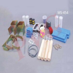 Comprises : 8 anisotropic alloy magnets ;8 anisotropic ceramic ferrite magnets; 4 steel magnet-yokes;6 plotting compasses; 4hard board formers for compasses;1 bottle of iron fillings ; 4 iron filingsdispensers; 4 each double cores, clips for C-cores , aluminum rings, split aluminum rings; 4 each support bases , armatures with axle-tubes, aluminum axle-rods;8 split pins; 16 rivets;1 length valve-rubber,4 each formers for coils, reels cellulose tape ,reel copper wire;4 each sheets white slotted pasteboard,130x140 mm. ,plain postcards ,reels white cotton; 4 each carbon resistors 100 10 flash lamp bulbs;5 Neon lamps; 8 M.E.S. lamp holders. EXPERIMENTAL NOTES: The West minister electromagnetic kit employs the learning by doing approach and leads students through a series of practical investigations which will prove invaluable to their understanding of electromagnetic principles. 1. Magnets and effects of magnetic fields. 2. Fields from electric current (buzzers, solenoids ,etc.) 3. Currents in magnetic fields (catapult ,ammeters ,simple motors) 4. Electromagnetic induction (dynamos) 5. Alternating current (transformers ,power lines) 6. Eddy currents and force between currents. 7. A.C. resonance, back e .m .f. and inductance.