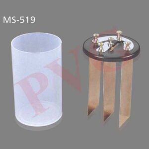 Consist of three copper plates 145 x 50 mm. of 20 s.w.g. fitted to plated clips by 4 mm. socket terminals two outer clips electrically connected on a bakelite round top cover. Complete with polypropylene jar 150 x 100 mm. height x diameter. Spare copper plates and bottom jar also available.