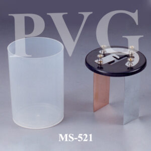 Consist of two plates of copper and zinc 145 x 50 mm. 20 s.w.g. fitted to plated clips by 4 mm. socket terminals, two outer clips electrically connected on a bakelite round top cover. Complete with polypropylene jar 150 x 100 mm. height x diameter. Spare copper plate, zinc plate and polypropylene jar available.