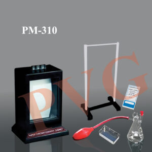 Required in Colleges, Medical Colleges, Research Institutes for detection of RF Value. Technical Parameter Paper Chromatography Cabinet: Single piece bakelite moulding. The inner size of cabinet 6 x 8 x 9” with front sliding glass door, with bakelite lid. 4 Stainless Steel Solvent Pot: the volume capacity of 150 ml. required to hold the solvent mixture. 4 Stainless Steel Hanger: of stainless Steel rod of size 6” and dia 2 mm. used as hanger of Chromatography paper. fits inside the grooves of the cabinet. 4 Chromatography Paper “1-Chro”: Standard Chromatography paper. A smooth surface, 0.18 mm. thick with linear flow rate (water) of 130 mm./30 min. Good resolution for general analytical Separation and having following special features: Simultaneous development of multiple samples on the same sheet under identical conditions. Sequential development of the same sample with solvent or different concentrations of the same solvent. Suitability for two-dimensional chromatography (change in direction of the solvent front) with possible improved resolution. Drying Stand: One stand supplied to accommodate processed (wet)Chromatography paper and to put it in oven to dry the same. 4 Glass Sprayer with Rubber Balloon: Borosilicate Glass, for spraying the indicators on Chromatography Paper. A rubber balloon is connected to it. 4 Glass Syringe: Glass syringe capacity 20 ml. provided to draw the solvent from S.S. Pot after practical is over. 4 TLC Capillary: Pkt. of 25 high quality fine capillaries are supplied with cabinet