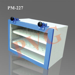 Used to store T.L.C. plates. Thick aluminum sheet painted body with stout glass door sealed with rubber gasket with a tray for silica gel desiccant and perforated sheet. Overall Dimentions: I.D. Width x Depth x Ht. 500 x 300 x 350 mm