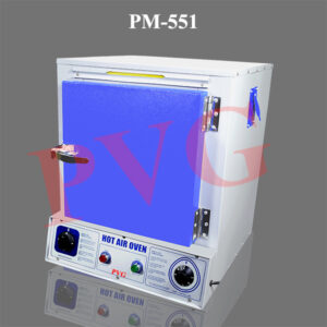 Painted mild steel outer body and anodized aluminium or stainless steel inner chamber with supports to accept shelves. Heating by an element on three sides of the chamber. Door with a handle, all controls on the front panel below the door level; on/off switch, a mains indicator lamp, a heat regulator switch with three positions to control the temperature, reading by a thermometer inside the ventilation point. Technical Specification