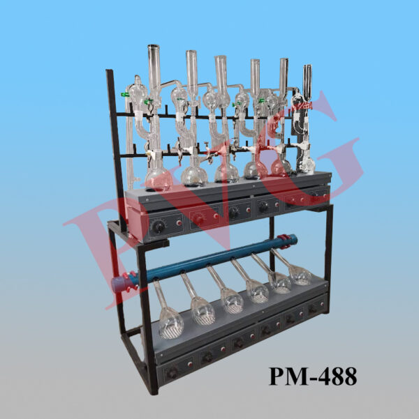 Used to determine organic nitrogen (n2) and protein contents in chemical substance by Kjeldahl digestion method. These units are widely used in food, environmental, urea and chemical industries. Available with 3 or 6 mantle type heating units; each unit is fitted with individual thermostatically controlled energy regulator or single energy regulator. Sturdy ,durable powder coated mild steel tubular frame with two heating shelves one above the other. Each unit can accommodate flasks with 300ml, 500ml and 800ml capacities optional accessories such as glass ware, clamps, lead fume duct and condenser rack etc. Supplied complete with cord and plug (without glass parts). A fume duct and a heater box for digestion part & heater box with condenser rack made of brass rods and tubes are given for distillation part