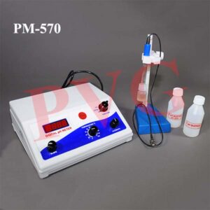 Table model, range 0-14 pH, with manual or automatic temperature compensation with combined glass reference electrode, RTD probe, buffer solution, electrode stand, 31/2 digits LED display. Supplied with instruction manual. Spares : pH electrode, Stand for electrode and Buffer solution 4.00, 7.00, 9.20
