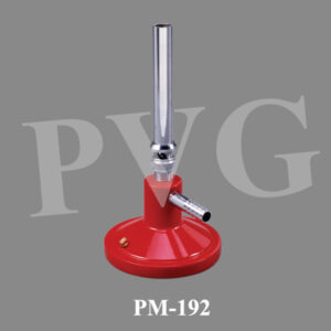 Nickel plated brass burner tube of outer diameter 11mm., with air regulator, mounted on heavy casted round, painted base of diameter 75 mm., with riffled inlet nickel plated brass tube of 6 mm. outer diameter. Total height 155 mm