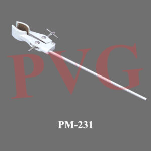 Depressed sheet metal, light but sturdy, spring controlled, cork lined jaws to hold objects from 12 to 51 mm. diameter, brass wing nut, with nickel plated steel rod.