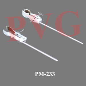 Diecasted, light alloy, cork lined V- shaped jaws can hold objects up to 51 mm. diameter, nickel plated brass tommy bar adjusting screw, nickel plated mild steel rod. Length x Diameter 175 x 8 mm. Also available in brass casted.