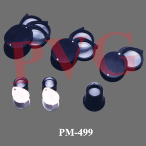 Biconvex lens of 20 mm. diameter with focal length 75 mm. in black moulded plastic mount.