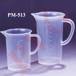 Clear, moulded, graduated autoclavable and have good chemical resistance. With handle, spout.