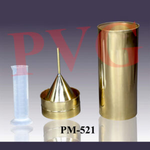 PM-521 MEASURE - RAIN GAUGE (a) Consist of a galvanized metal funnel 125 mm. diameter, canister and inner receiving cylinder height x dia. 200 x 70mm. Outer cylindrical canister ht. x dia. 300 x 125 mm. Complete with plastic measuring cylinder graduated 0-10 mm. x 0.1 mm. (100 divisions). (b) As above but in all polished brass. (c) As above but in all copper