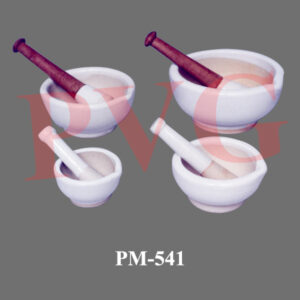 Porcelain, glazed inner and outer surface with lip, base unglazed. Pestle fitted with wooden handle. Size: