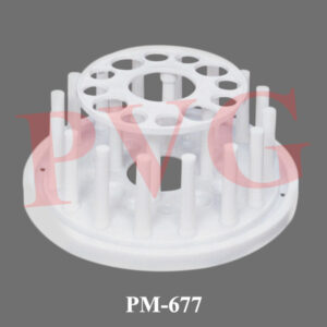Polypropylene, a handy and space saver with four 25 mm. diameter holes and eight 19 mm. diameter holes in its top plate. The base has matching hemispherical wells and 16 vertical pegs for drying tubes surrounded by a trough to catch drippings. Can be easily disassembled for cleaning purpose.