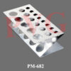 Anodized sheet aluminium in stackable Z pattern with three rows of holes, five holes of 28 mm. diameter, six holes of 19 mm. diameter, eight holes of 13 mm. diameter.