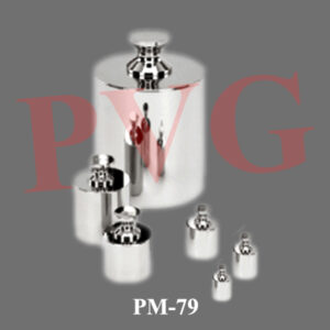 Screwed in type of accurate polished brass masses, arranged as 1- 2- 2 - 5 system packed in wooden box with hinged lid along with fractions 1-500 mg. and a brass forceps of length 90 mm.