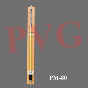BAROMETER FORTIN The Fortin Barometer was commonly used at meteorological stations to measure atmospheric pressure.Accurate measurements of the barometric height, often required in the laboratory, are made with a Fortin barometer The tube containing the mercury is protected by enclosing it in a brass tube, the upper part of which is made of glass so that the mercury surface may be seen. Readings are taken by a vernier moving over a millimetre scale of sufficient length toover the full range of variation in barometric height. The zero of the scale is at the tip of an ivory pointer fixed to the lower end of the brass tube. The mercury reservoir can be raised or lowered by a screw. Before taking a reading of the barometric height, the screw is adjusted until the help of the pointer just touches its image in the surface of the mercury. If the surface of e mercury is dusty, this adjustment can still be made with reasonable accuracy. A Fortin barometer thus measures the height of a column of mercury supported by atmospheric pressure. PVG’s  Fortin's barometer consists of a narrow glass tube of length about 90 cm. This tube is closed at one end. The tube is completely filled with mercury and kept inverted in a cistern filled with  mercury. The glass tube is protected by enclosing it in a brass tube. Complete apparatus mounted on a wooden base. Supplied without mercury.