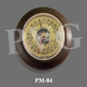 Dial 100 mm. with dual scale range 960-1070 mb x 2 mb and 28-32 inch x 0.1 inch, marked in black on golden frame. Marked Stormy, Rain, Change, Fair and Dry for demonstration to students; movement mounted in polished hardwood or plastic frame of 170 mm. diameter. Dial covered with a glass for easy viewing; with lug for rear mounting