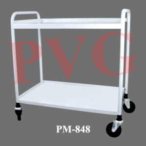 Powder coated mield steel body, study construction, trolley with four wheel & two shelves.