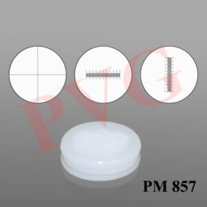 Ruled on clear glass plate of diameter 25 mm. in three types. Cat. No. Types 857.01 Cross lines at 900 857.02 Horizontal scale, marked 10x0.1 mm. 857.03 Vertical scale and marked 10x0.1 mm.