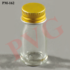 Clear glass, with aluminium screw cap and rubber liner. Cat. No. Capacity ml. Pack Qty. 162.01 7 144 162.02 15 144 162.03 30 144 162.04 60 144