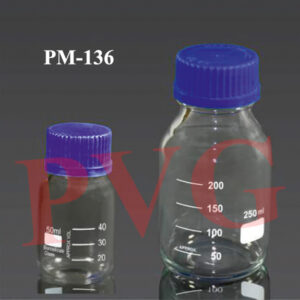 Clear, wide mouth with Polypropylene blue screw cap and pouring ring, repeatedly autoclavable, graduated. Cat. No.  Capacity ml. Din. Thread  Pack Qty. 136.01 25 GL 25 10 136.02 50 GL 32 10 136.03 100 GL 45 10 136.04 250 GL 45 10 136.05 500 GL 45 10 136.06 1000 GL 45 10 136.07 2000 GL 45 4 136.08 3000 GL 45 1 136.09 5000 GL 45 1 136.1 10000 GL 45 1 136.11 20000 GL 45 1