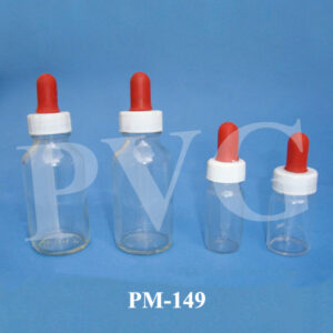 Clear glass with plastic stopper, glass dropper and rubber teat. Cat. No.  Capacity ml. Pack Qty. 149.01 30 12 149.02 60 12 149.03 125 10