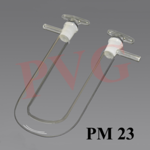 Glass, with side tubes, closed by hollow ground in glass stoppers which when rotated can open or close the side tubes. Size of U-tube excluding stopper, length x diameter mm. Cat. No. Hight x diameter mm. 23.01 100x12 23.02 125x15 23.03 150x20 23.04 200x25