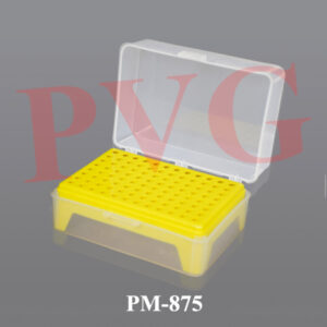Polypropylene, with robust hinge design which prevents the top from being easily disengaged from the bottom of the box. Capacity................. 96 Tips :- 2-10ul, 2-200 ul, 200-1000u