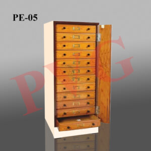HERBARIUM CABINET For keeping Botanical specimens securely placed in herbarium sheets. Thick Cabinet frame of 19 mm plyboard finished with laminated sunmica sheet. Hinged MDF baton to collectively lock the 12 Polished drawers. Drawer frame of MDF with plyboard bottom fitted with knobs to pull out drawers and index card holder. With Steel clip provided in the drawers for keeping herbarium sheets in position. Drawer Size approx. 45cm x 37cm x 8cm.